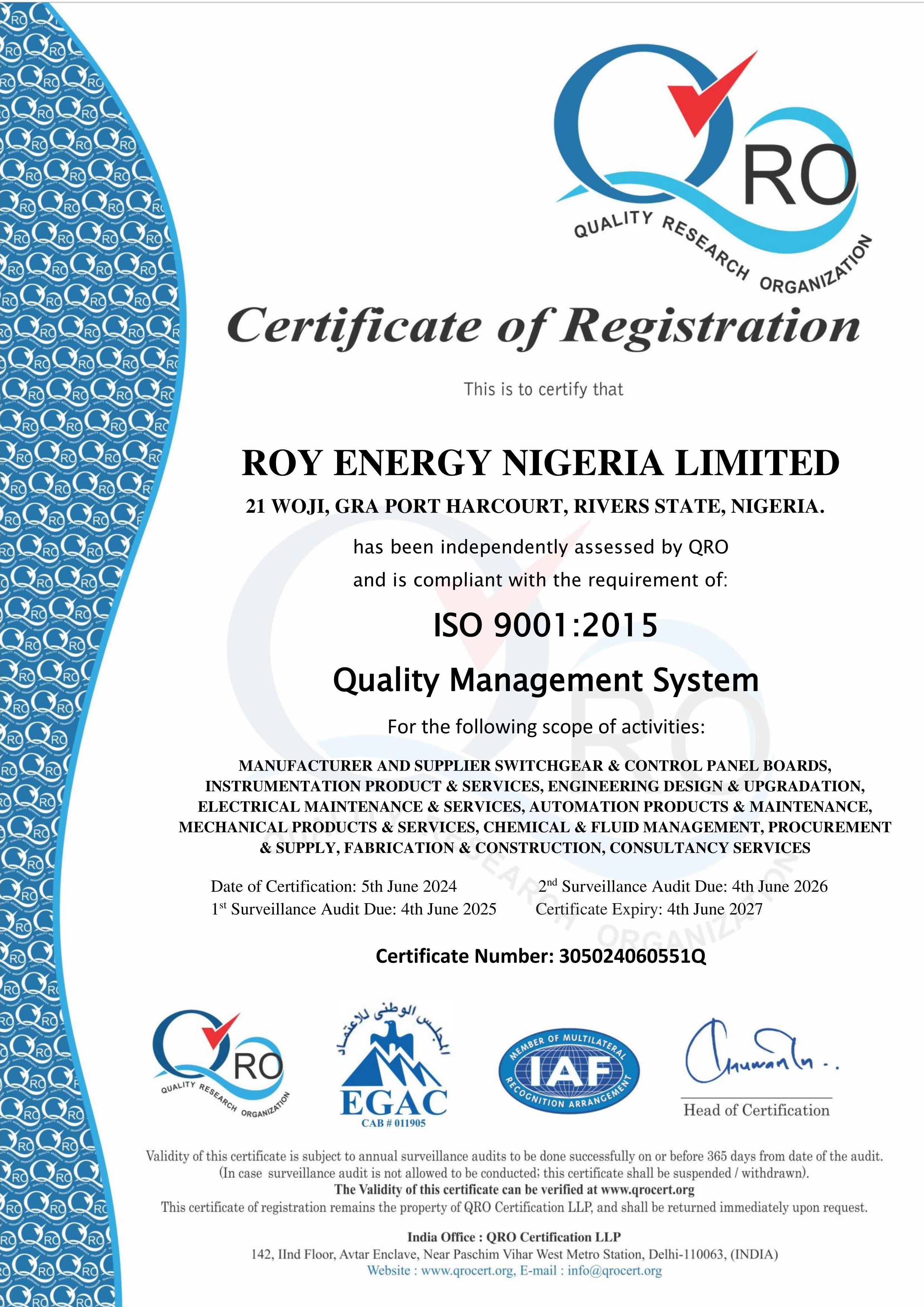 Roy Energy Nigeria Ltd ISO 9001:2015 Certificate
